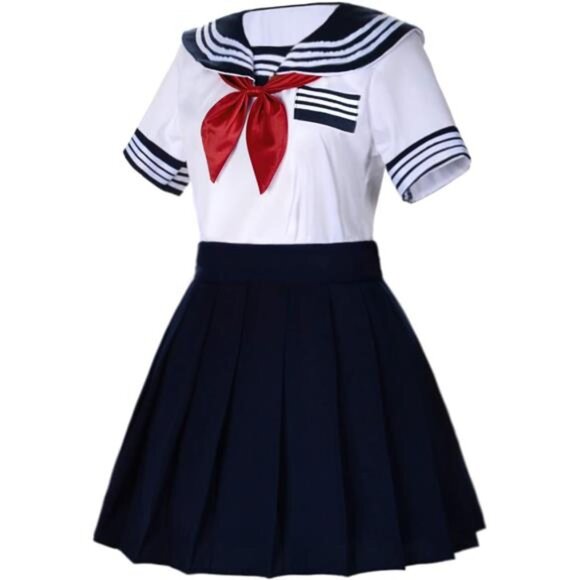 Elibelle Japanese School Girls Short Sleeve Uniform Sailor Navy Blue Pleated - Picture 4 of 8